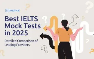 Banner for Best IELTS Mock Tests in 2025 featuring a person at a maze with question marks and arrows, symbolising choices among mock test providers