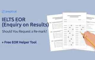 Banner for the article about IELTS EOR (Enquiry on Results) showing test papers and the text 'Should you request a re-mark? + Free EOR Helper Tool'