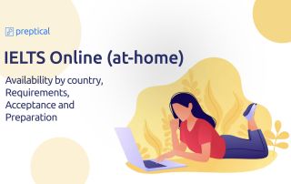 Person studying on a laptop for the IELTS Online at-home test, showing information about availability, requirements, acceptance, and preparation.
