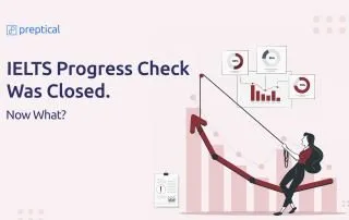 Banner for the article ‘IELTS Progress Check Was Closed. Now What?’ showing a person pulling an arrow up on a bar chart
