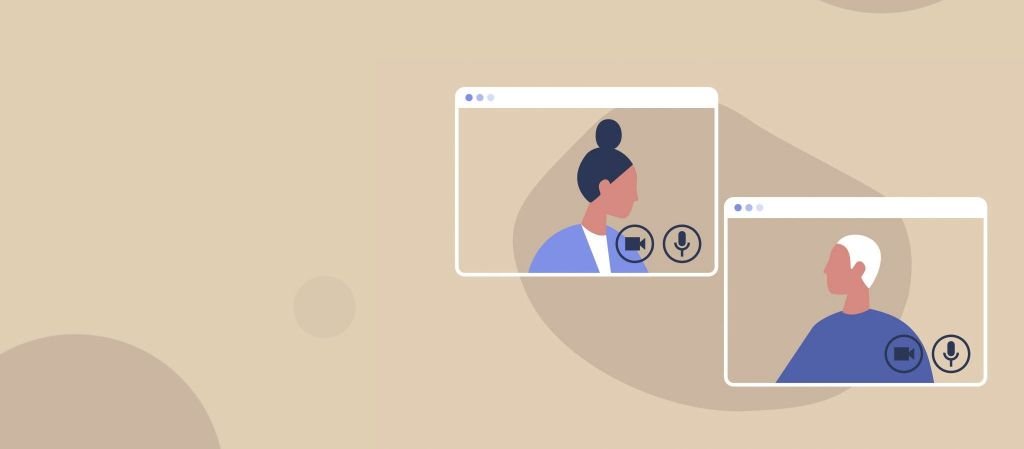 Illustration of two people in online video call windows with microphones, representing IELTS speaking questions and answers for August 2025