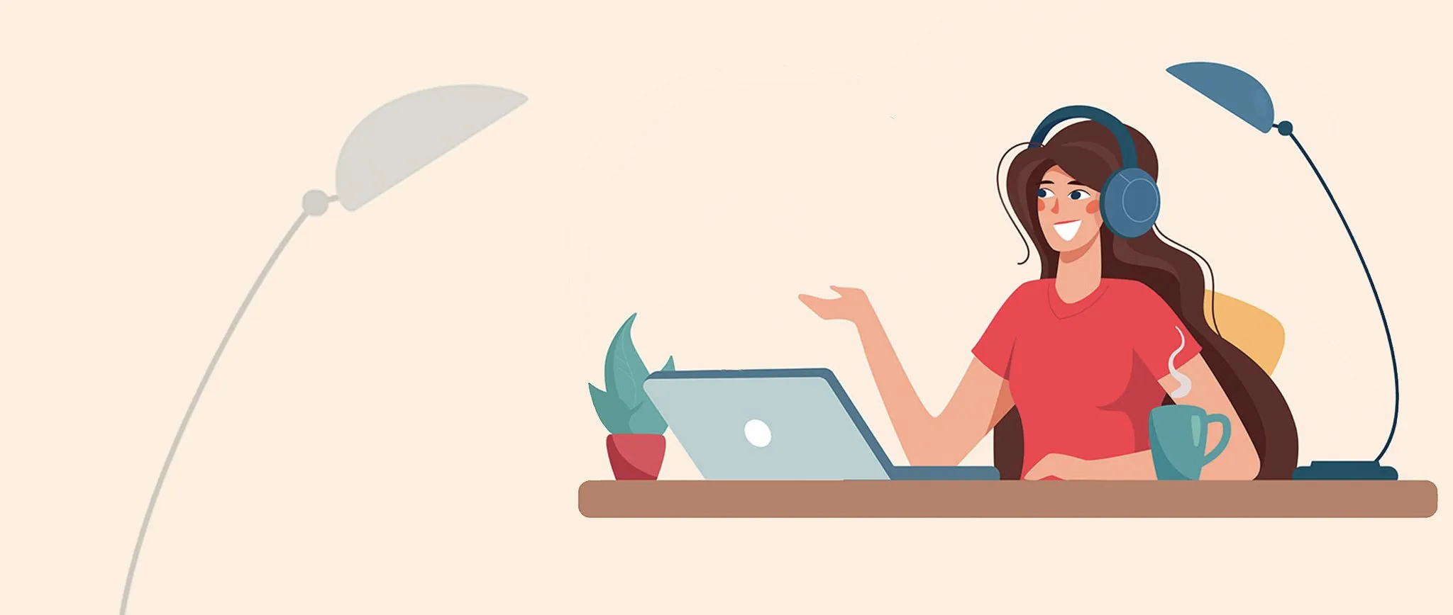 Illustration of a woman wearing headphones and using a laptop for IELTS Speaking Part 2 practice, sitting at a desk with a microphone and coffee