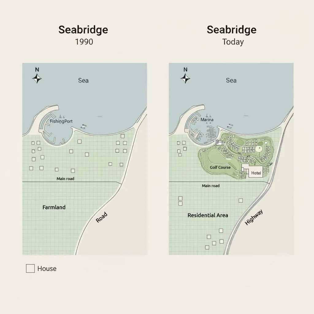 Two IELTS-style maps showing how Seabridge transformed from a fishing village in 1990 to a modern tourist town with a marina, golf course, and new roads.
